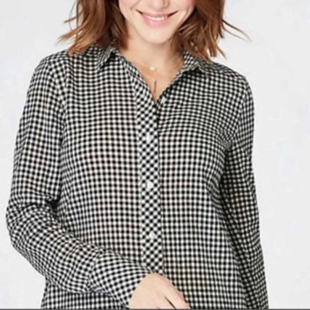 J. Jill 100% Linen Button Down Shirt Womens Large Black White Gingham Check